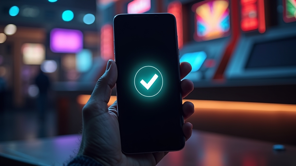Android phone displaying a verified APK file with a checkmark in a dark casino scene