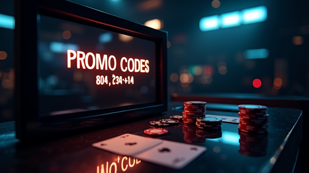 Casino screen glowing with bonus code text, chips, and cards in a dark setting