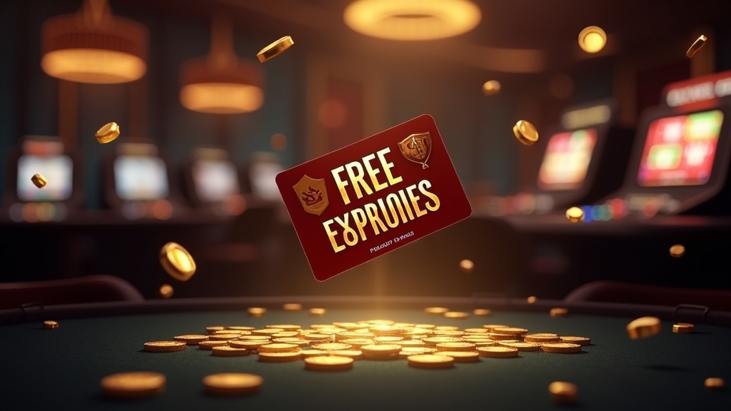 No deposit bonus card and free spin symbols glowing beside slot reels in a dark casino