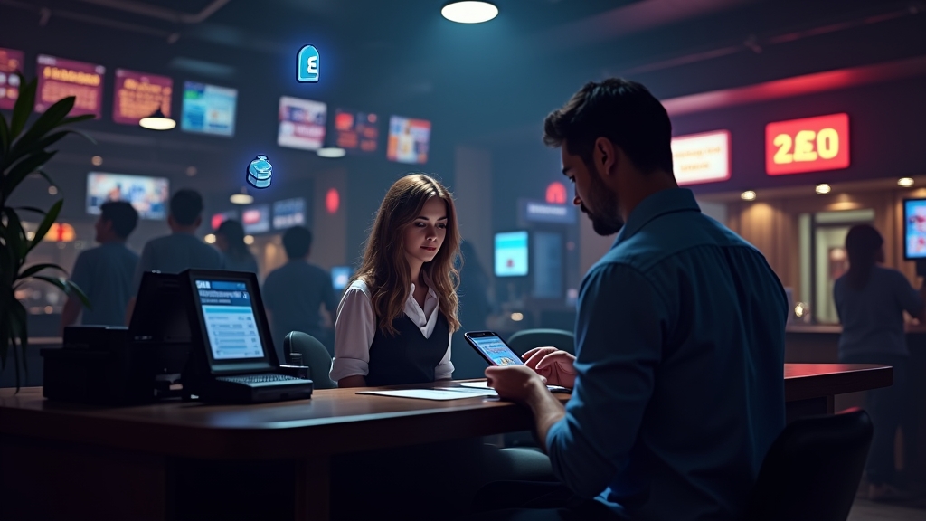 Player reviewing casino payment methods at a glowing cashier desk