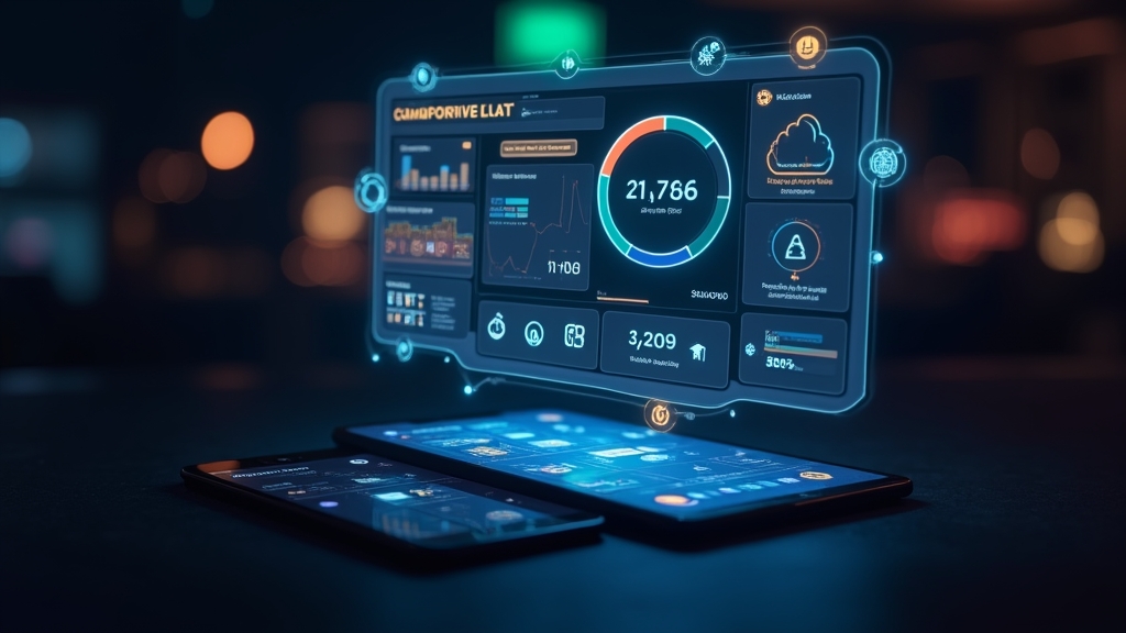 Smartphone and tablet with a compatibility dashboard in a casino-themed scene
