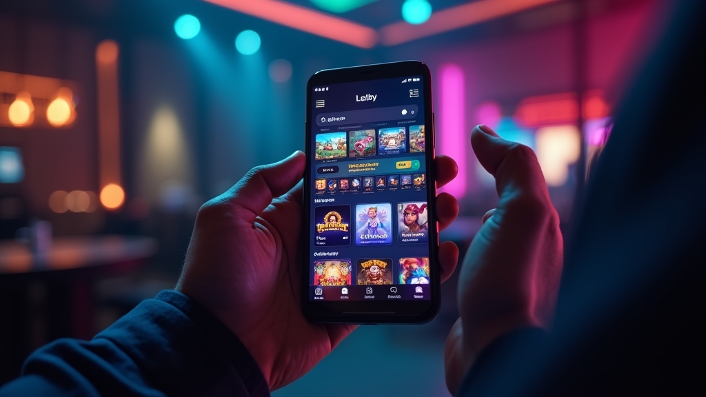 Smartphone showing a mobile casino lobby with game tiles and search bar
