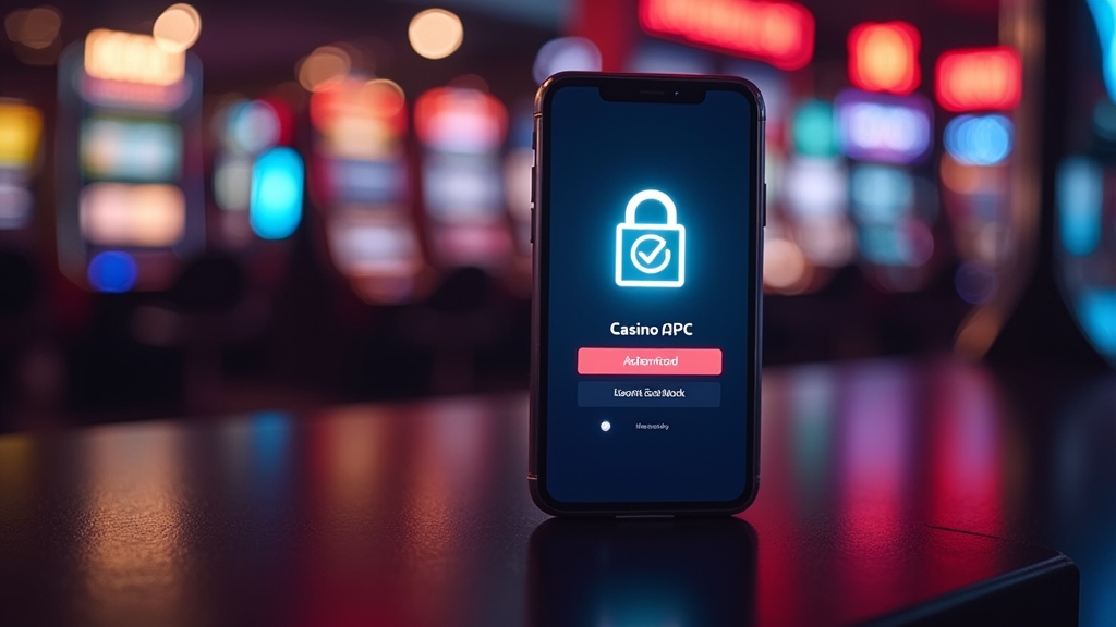 Smartphone showing a casino app download page with a security check icon in a dark casino setting